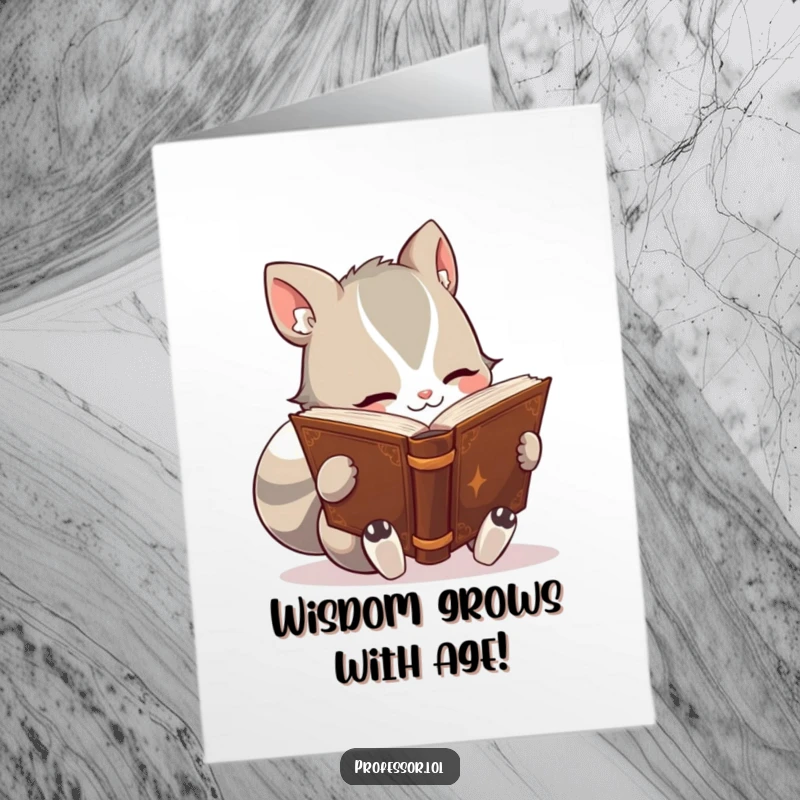 Funny Free Printable Birthday Card: A cute animal character deeply engrossed in reading a massive, ancient-looking book, lost in knowledge.