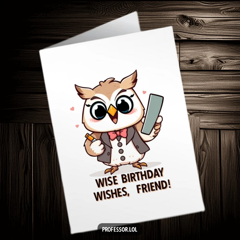 Funny Free Printable Birthday Card: A delighted Kawaii owl professor character excitedly explaining a concept using a large chalk.