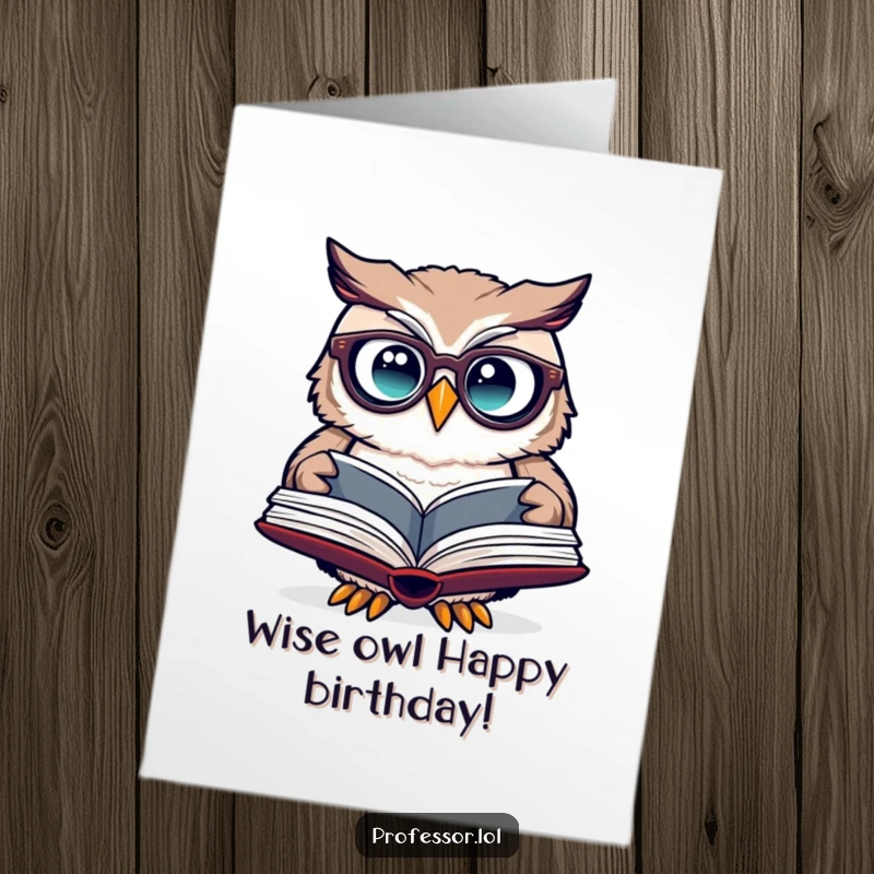 Funny Free Printable Owl Birthday Card: A cute owl wearing spectacles peers curiously at an open book.