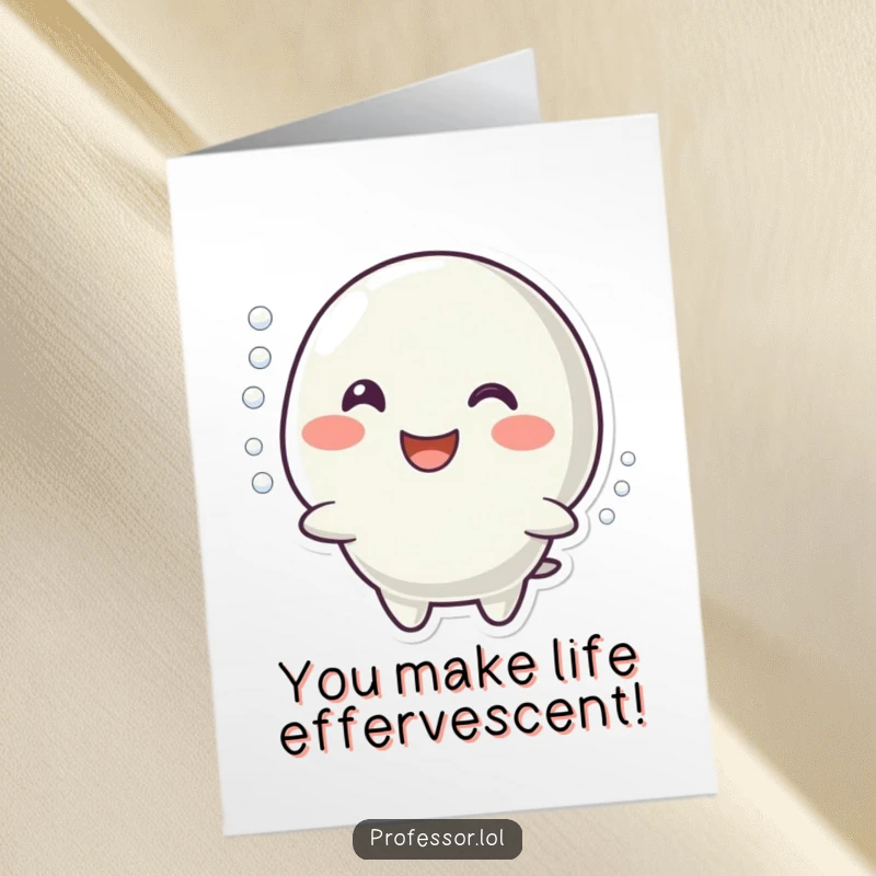 Funny Free Printable Birthday Card: A character happily smiles, mimicking a fizzy bubbling reaction, full of cheerful energy.