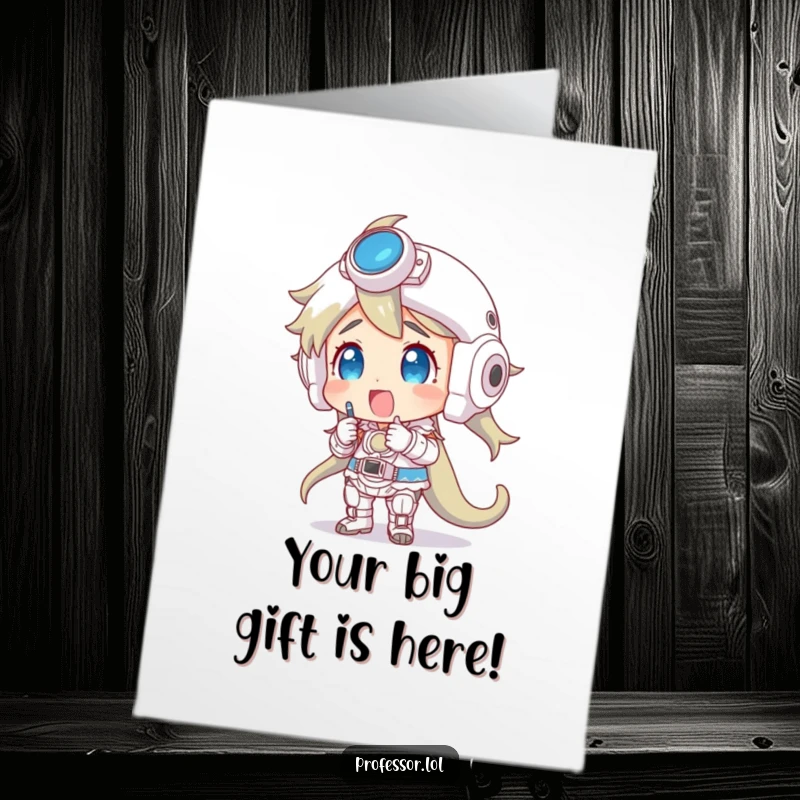 Funny Free Printable Birthday Card: Excited character marveling at a giant, intricate model, celebrating DIY construction humor.