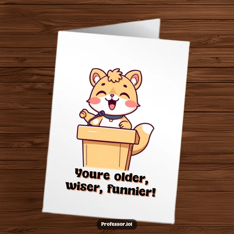Funny Free Printable Birthday Card: Enthusiastic animal professor lecturing hilariously from behind a podium, perfect for DIY gifting.