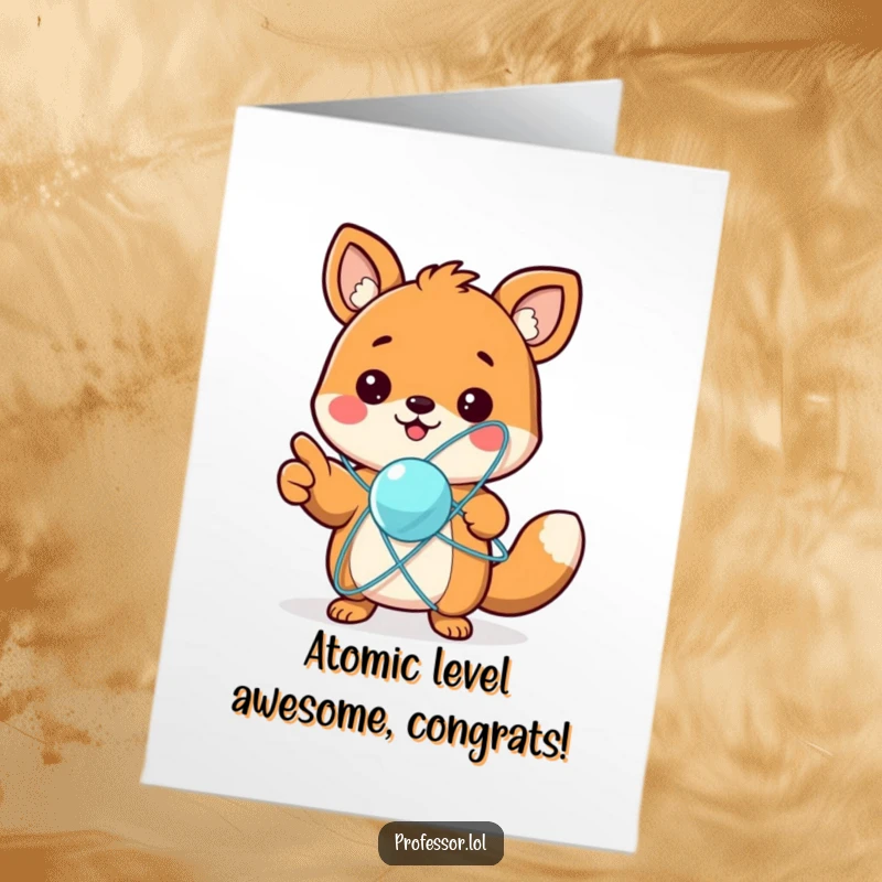 Funny Free Printable Congratulations Card: An energetic animal pointing excitedly at a spinning atom model, symbolizing a brilliant discovery.