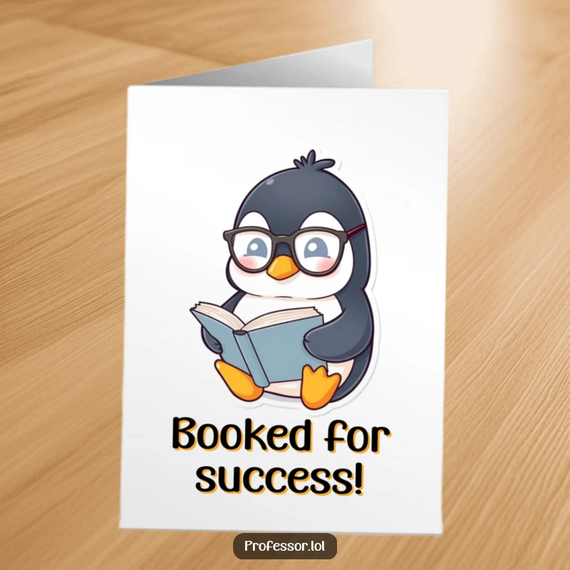 Funny Free Printable Penguin Congratulations Card: Spectacled penguin reads a book, congratulating intellectual success.