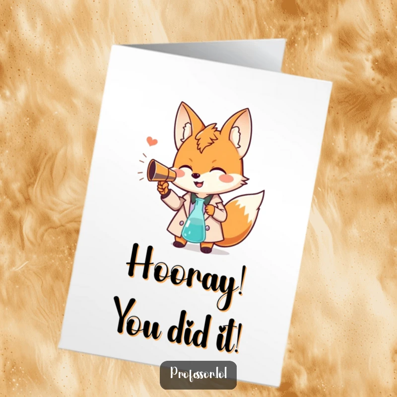 Funny Free Printable Congratulations Card: a giggling Kawaii fox professor uses a beaker as a megaphone to celebrate success loudly.