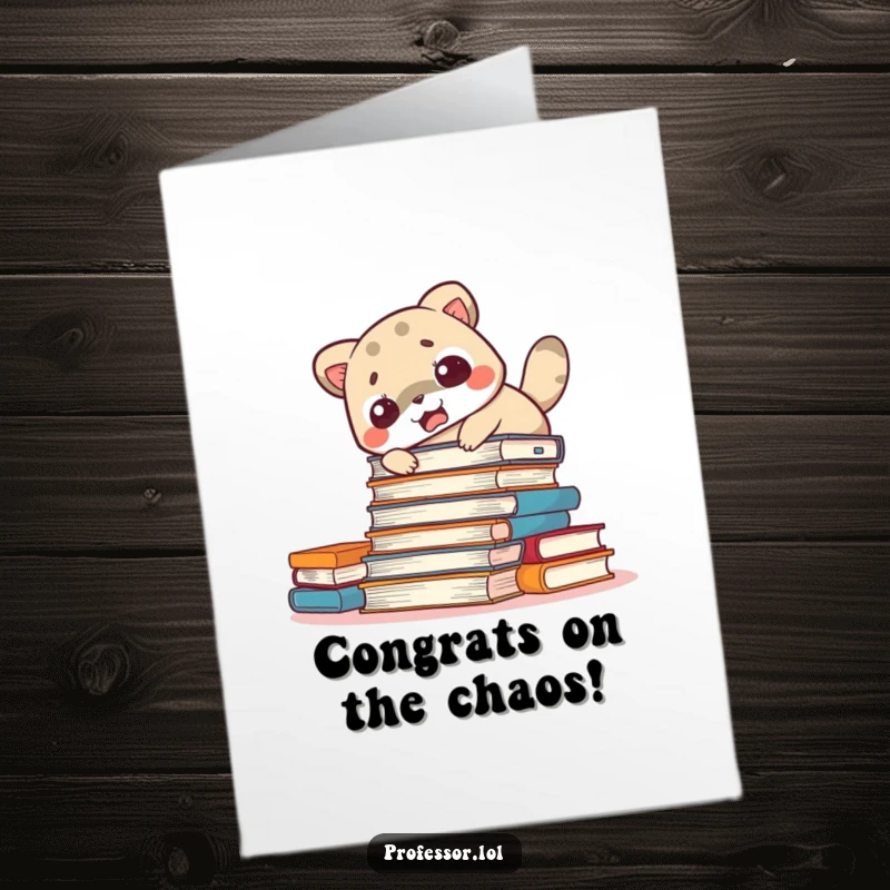 Funny Free Printable Congratulations Card: An animal's startled mistake sends books flying, a funny way to celebrate.