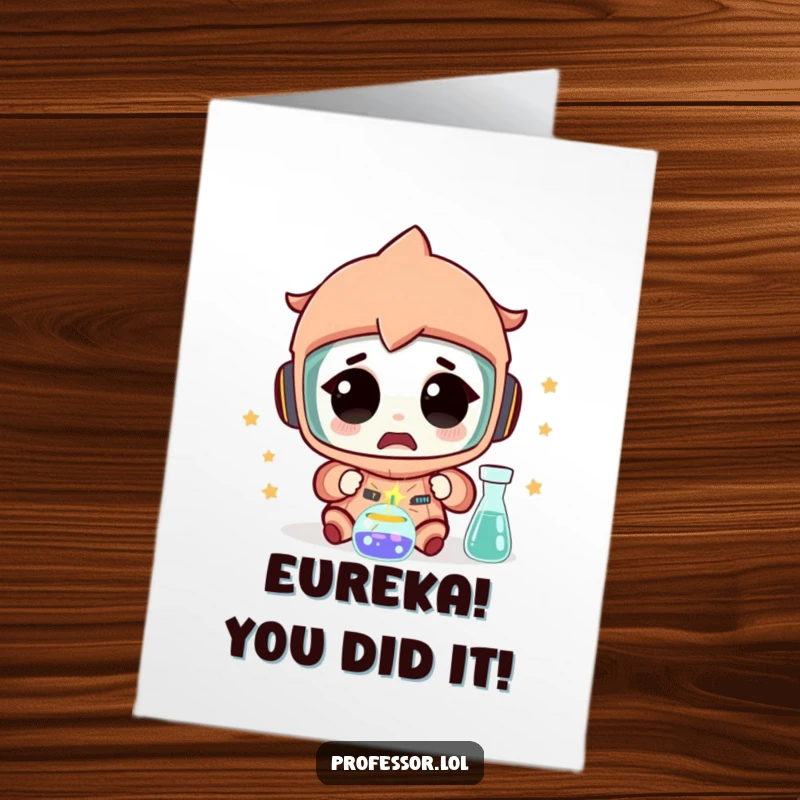 Funny Free Printable Congratulations Card: Character gasps in amazement as a tiny spark flies from a successful experiment.