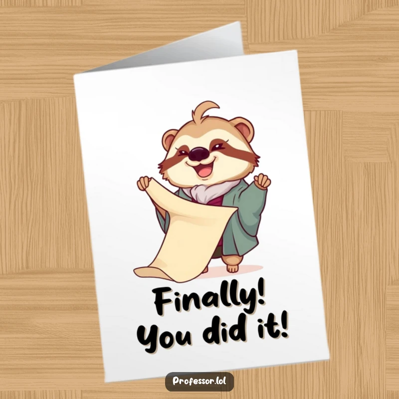 Funny free printable congratulations card: Sloth professor patiently unfurling a lengthy scroll, celebrating a monumental success.
