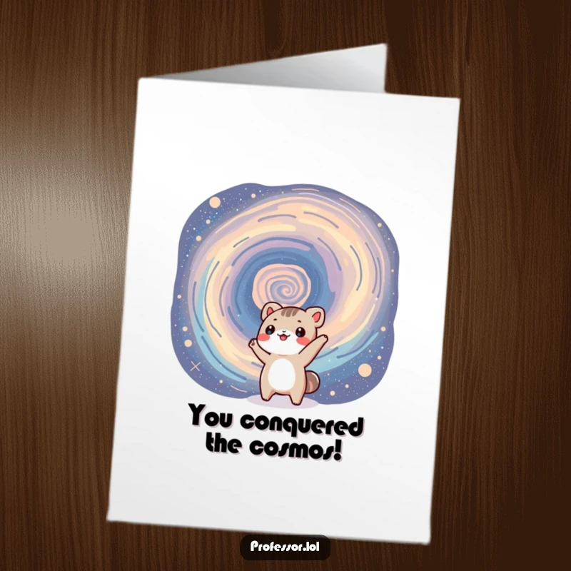 Funny Free Printable Congrats Card: Cheerful small animal gesturing at a vast galaxy, celebrating a huge accomplishment.