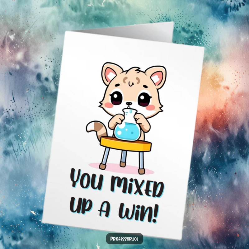 Free Printable Congratulations Card: A cute animal character carefully adjusts a beaker on a laboratory stand, celebrating a scientific success.