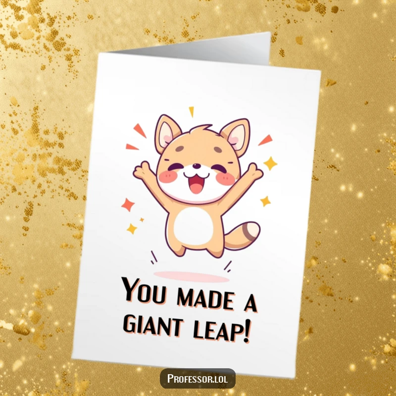 Funny Free Printable Congratulations Card: Adorable animal character performing an ecstatic jump, celebrating a significant breakthrough.