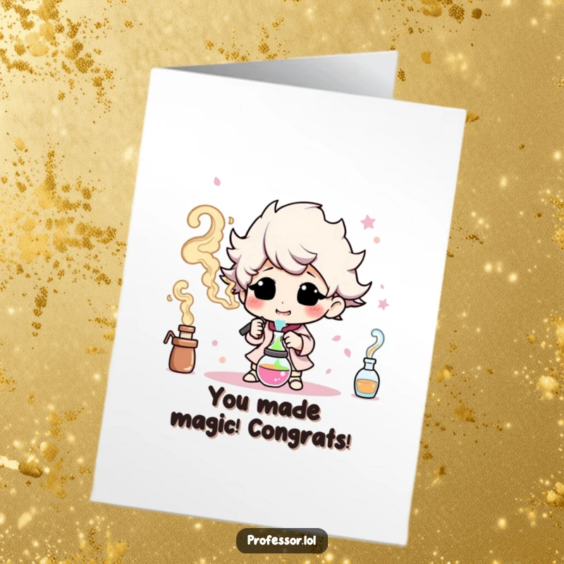 Funny Free Printable Congrats Card: A character happily creates swirling, vibrant colorful smoke, celebrating a successful experiment.