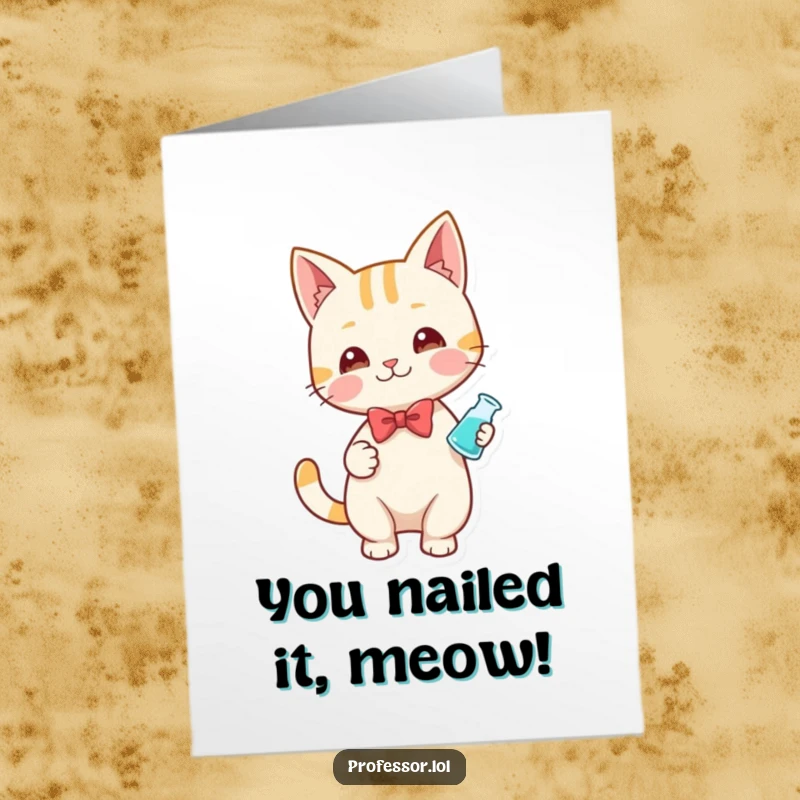 Funny Free Printable Congratulations Card: Cat scientist in a bow tie holding a beaker, celebrating a successful experiment.