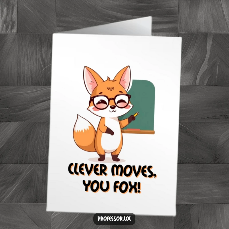 Funny Free Printable Congratulations Card: Giggling fox in spectacles pointing at a chalkboard, sharing smart advice for success.