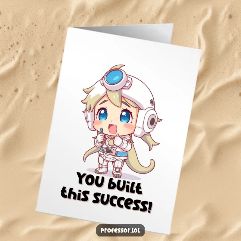 Funny Free Printable Congrats Card: Character celebrating a completed complex model, perfect for acknowledging big achievements.