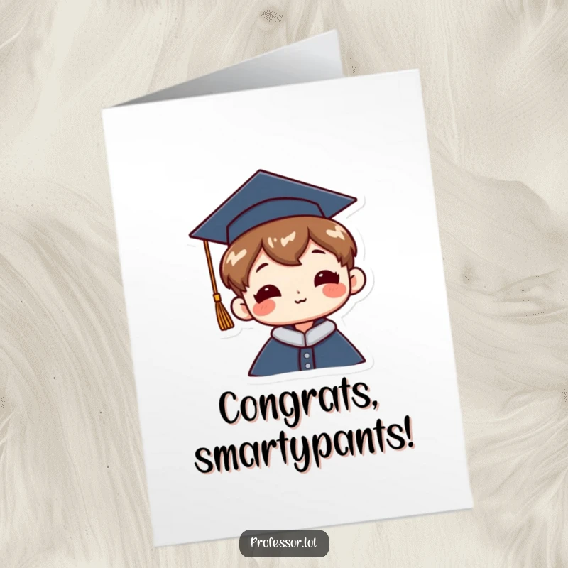 Funny Free Printable Congratulations Card: Character wears a graduation cap at a jaunty angle, celebrating academic achievement.