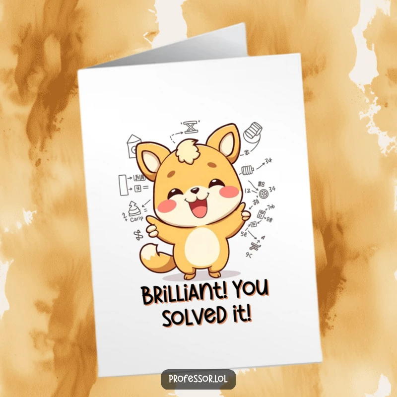 Funny Free Printable Congrats Card: Kawaii animal character beaming while pointing at a complex diagram, celebrating intellect.