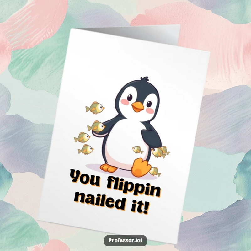 Funny Free Printable Congrats Card: A playful penguin imparts wisdom to a group of attentive tiny fish.