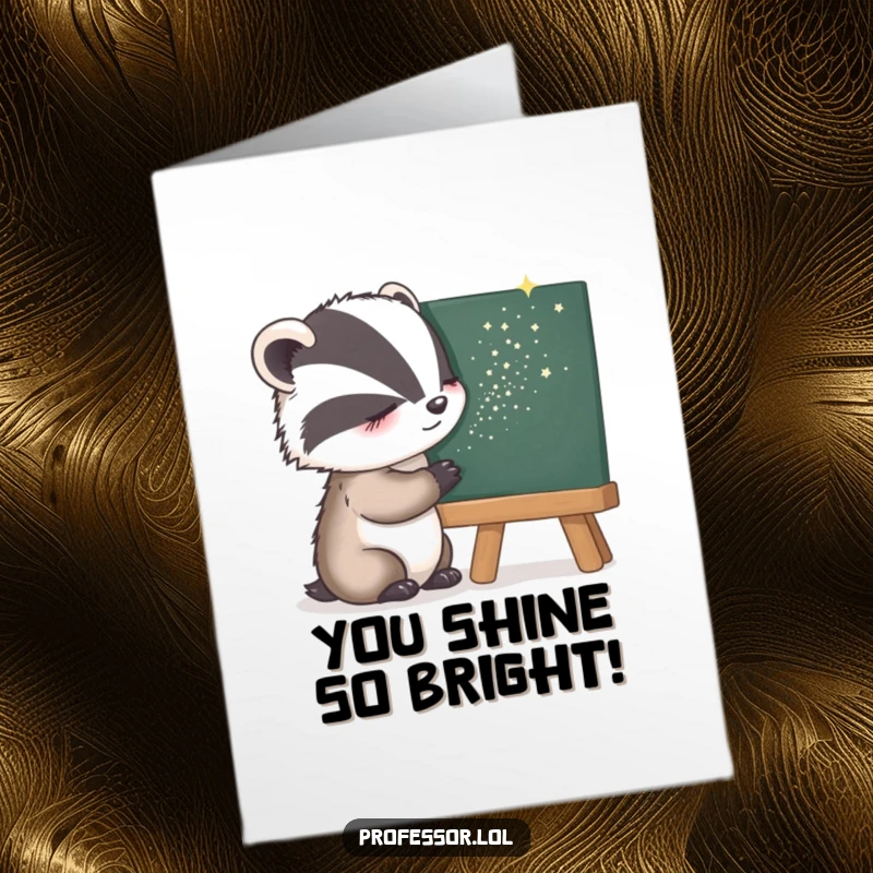 Funny Free Printable Congratulations Card: Sleepy badger calmly sprinkling stardust onto a blackboard, celebrating achievements with a gentle sparkle.