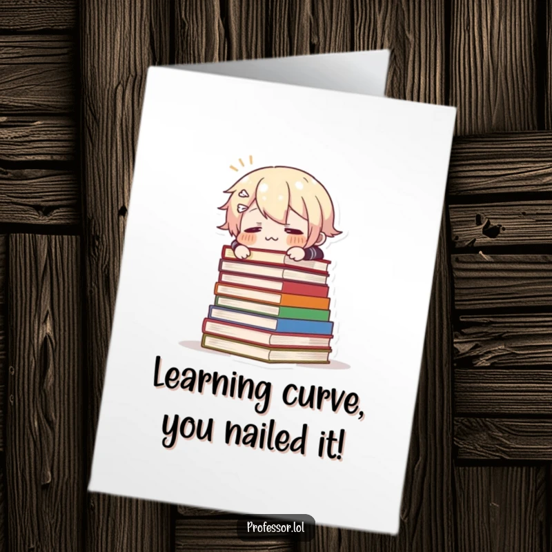 Funny Free Printable Congrats Card: Character hilariously trips over a stack of books, face full of surprise and books flying.
