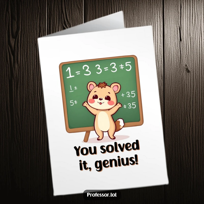 Funny Free Printable Congratulations Card: Cute animal character gesturing towards a chalkboard equation, celebrating success.
