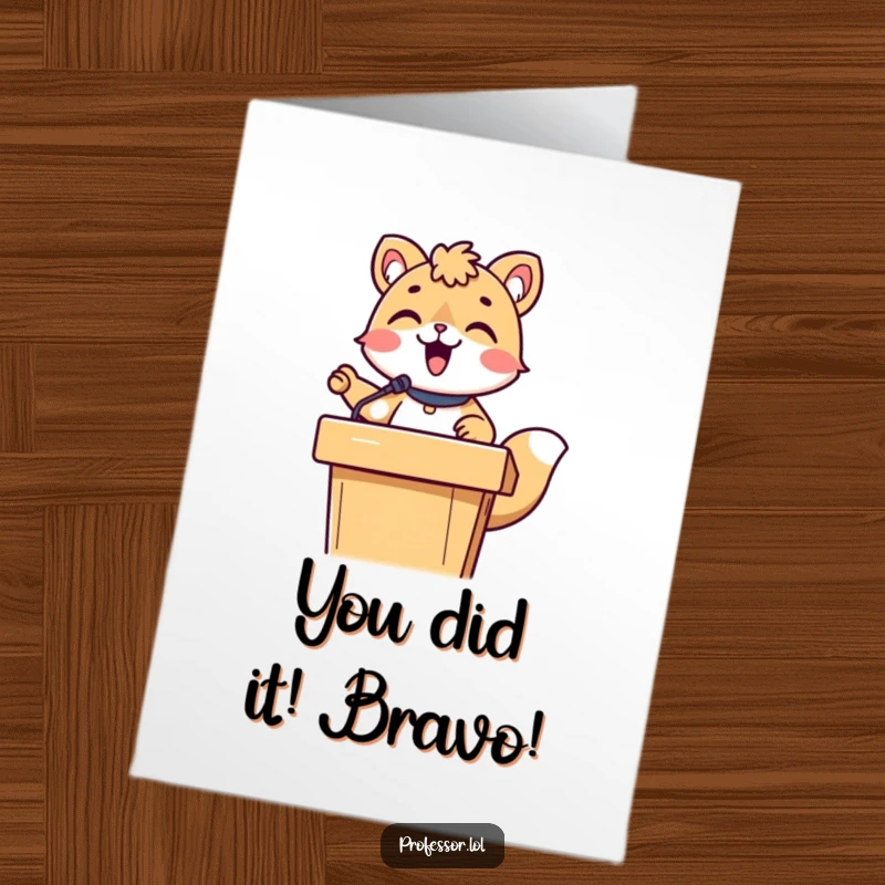 Funny Free Printable Congratulations Card: Amusing animal lecturer behind a podium, celebrating Smart achievements with a humorous downloadable design.