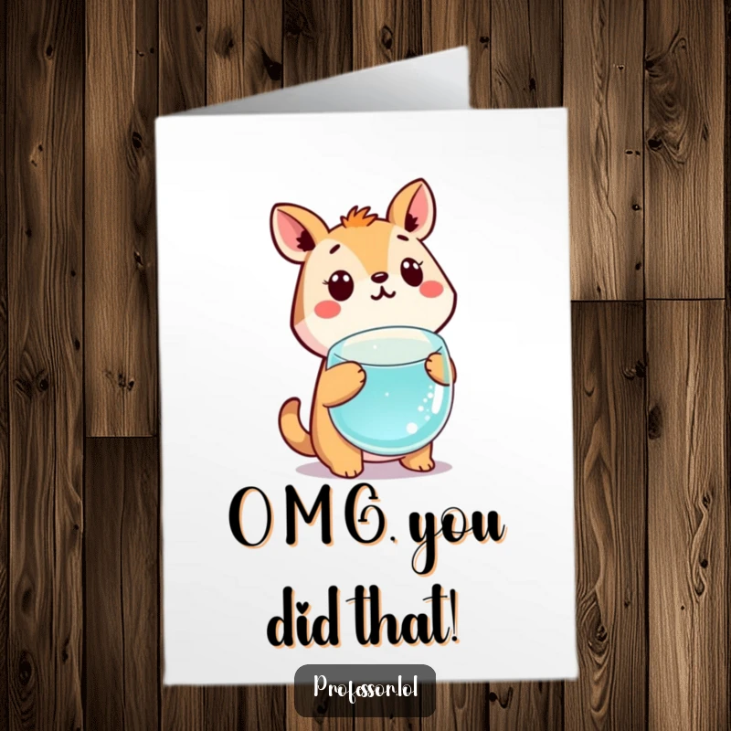 Funny Free Printable Congratulations Card: Amused animal scientist with a surprised face at a floating beaker, celebrating achievements.
