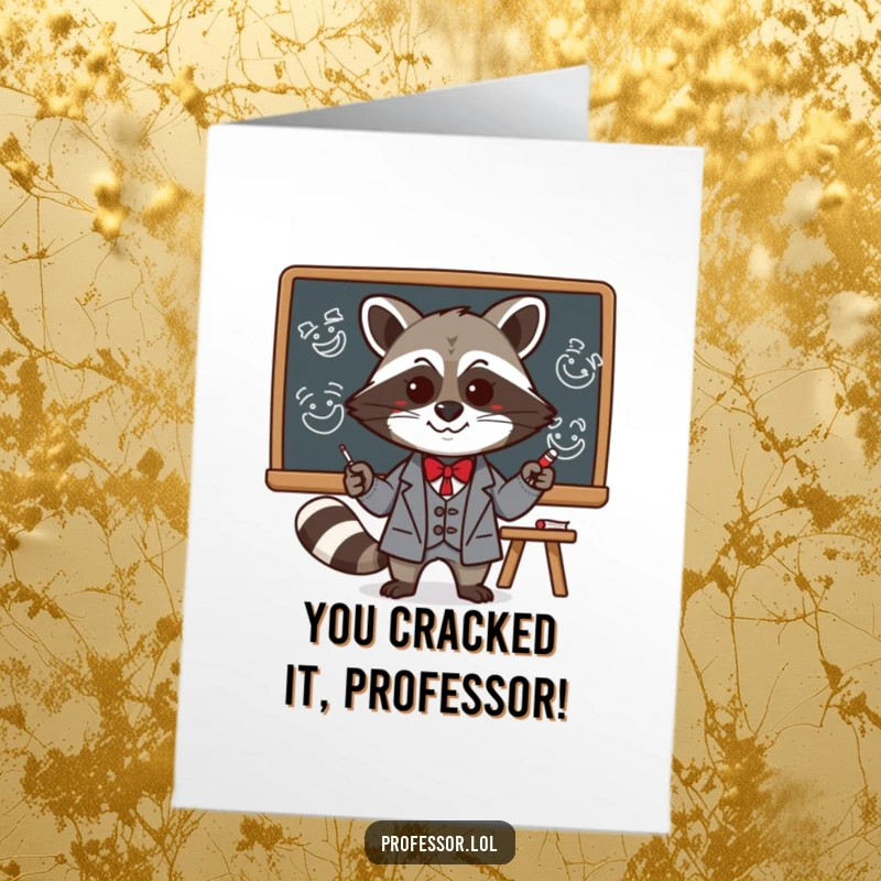 Funny Free Printable Congrats Card: Mischievous Kawaii raccoon professor drawing funny faces, celebrating a clever and witty accomplishment.