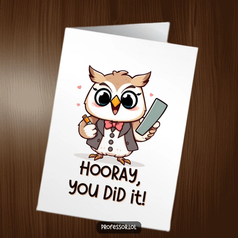 Funny Free Printable Congratulations Card: A delighted Kawaii owl professor character animatedly explaining something important with a large chalk.