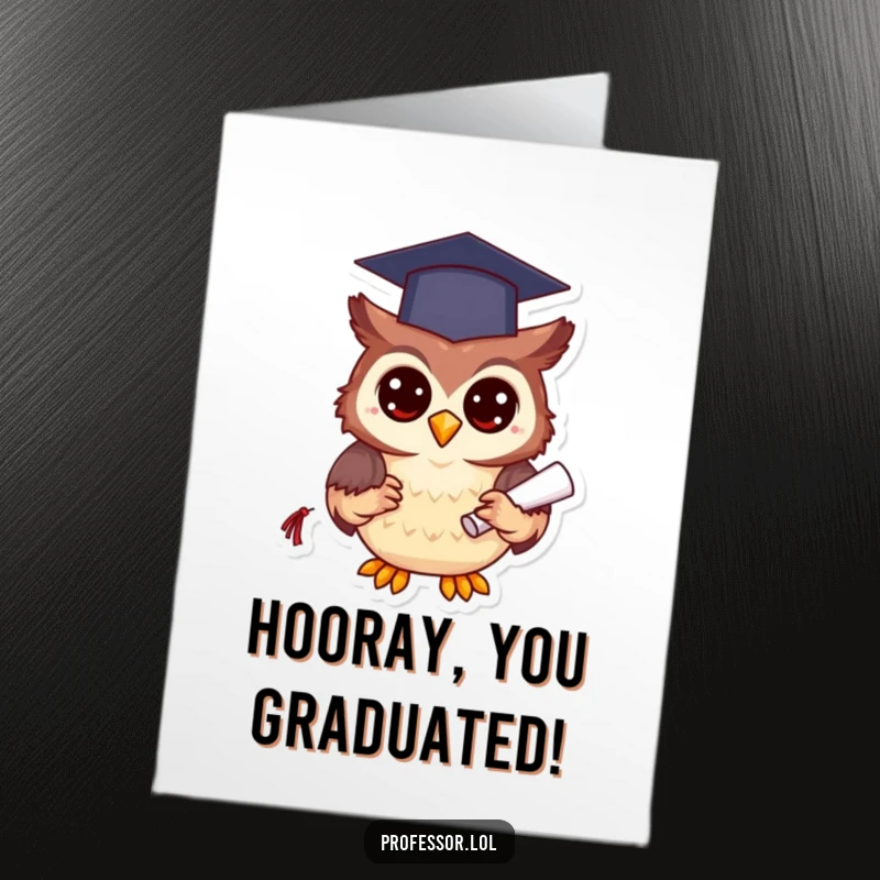 Funny Free Printable Congratulations Card: Happy owl wearing graduation cap, holding diploma, celebrating academic achievement with pride.