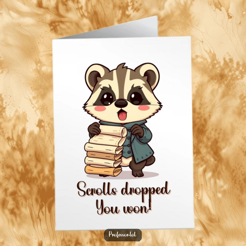 Funny Free Printable Congratulations Card: a surprised Kawaii badger professor dropping scrolls, celebrating success with a comical mishap.