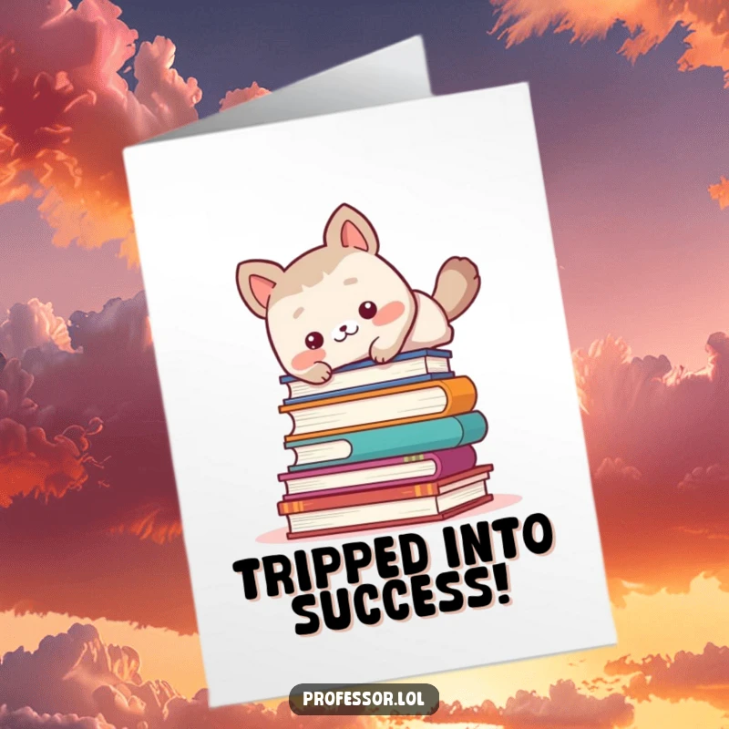 Funny Free Printable Congratulations Card: Amused animal tripping over books, celebrating overcoming obstacles humorously.