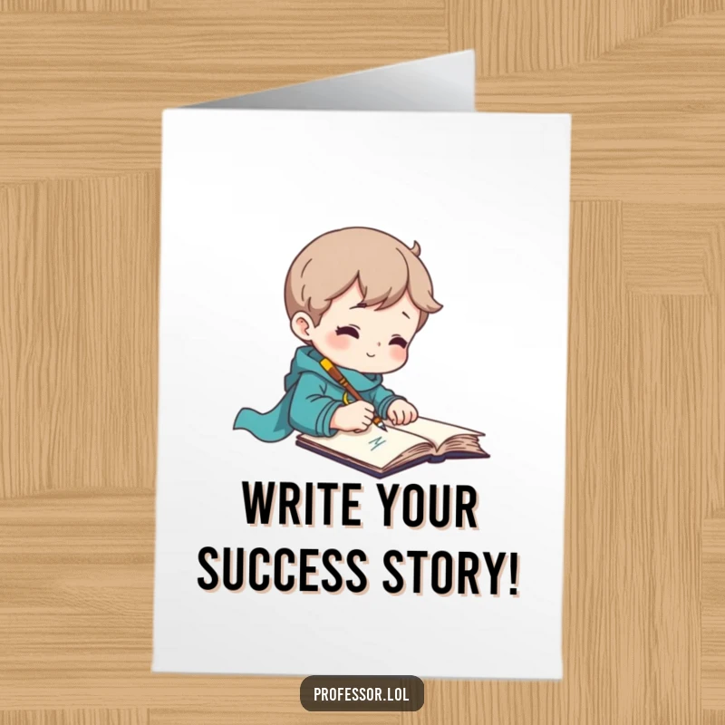 Funny Free Printable Congrats Card: Character excitedly writing, celebrating a published work or completed manuscript.
