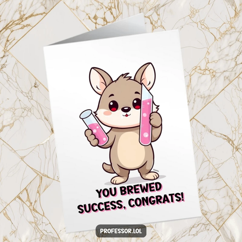 Funny Free Printable Congratulations Card: A proud animal scientist holding a test tube of bubbling pink liquid, symbolizing a successful experiment.