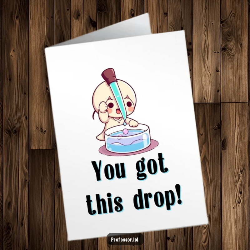 Funny Free Printable Congratulations Card: Character delicately drips liquid from a pipette into a petri dish, signifying a successful experiment.