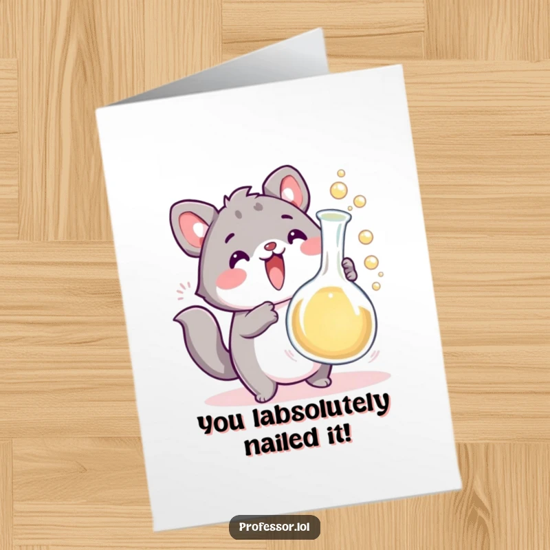 Funny Free Printable Congrats Card: Excited animal character celebrating with an overflowing beaker, a chaotic and joyful achievement.
