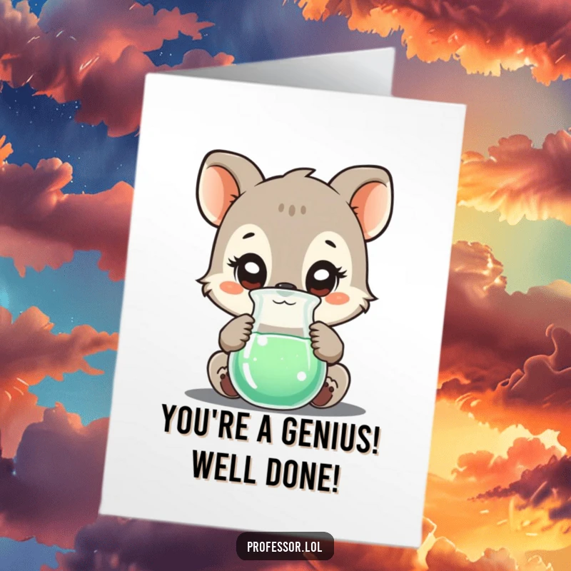 Funny free printable congratulations card featuring a curious animal character marveling at a bubbling beaker in a lab.