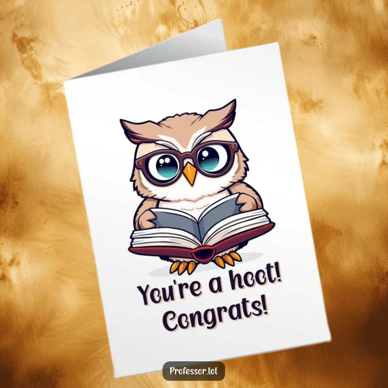 Funny Free Printable Owl Congratulations Card: A cute owl wearing spectacles looks impressed at an open book.