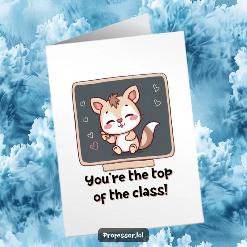Funny free printable congratulations card showing a mischievous animal character drawing on a blackboard with chalk.