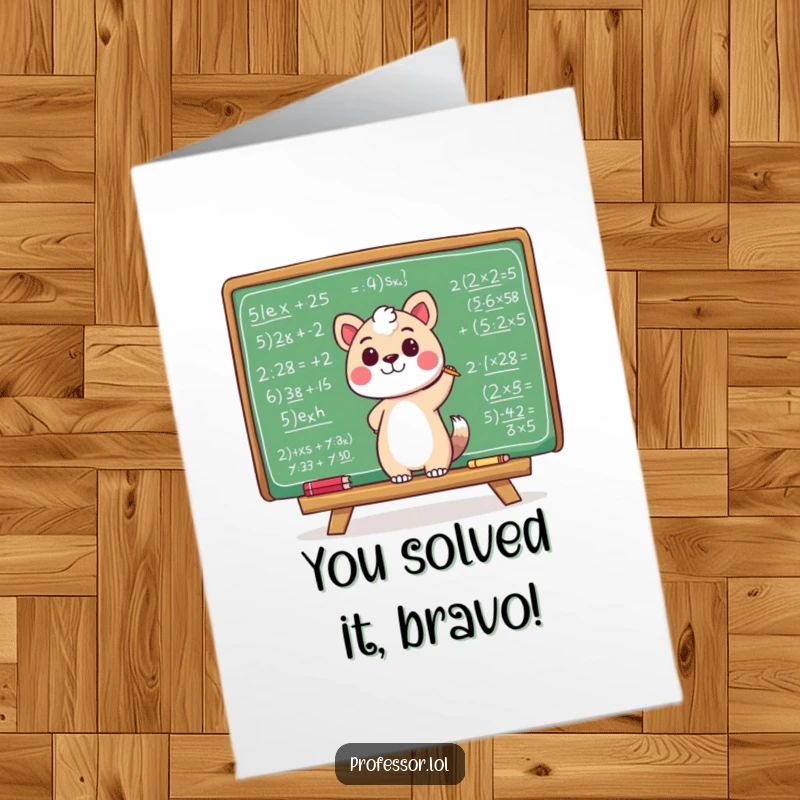 Funny Free Printable Congrats Card: Animal enthusiastically writing equations on a chalkboard, celebrating a major win.