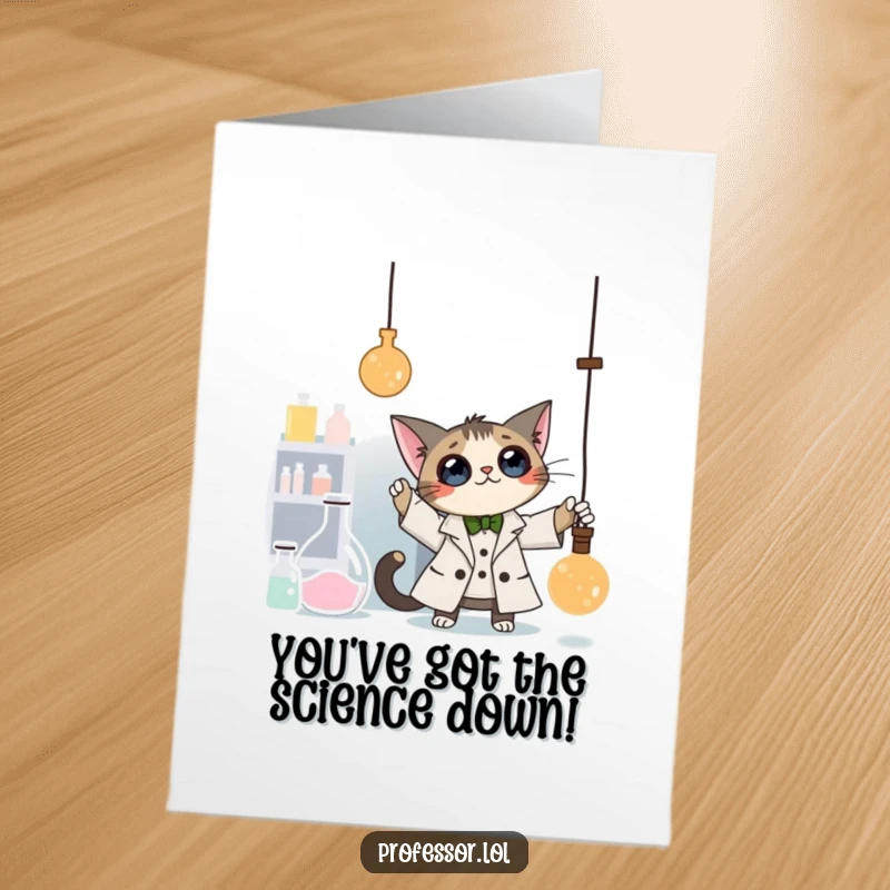 Funny free printable congratulations card: Cat professor playing with a pendulum in a lab, celebrating a research success.
