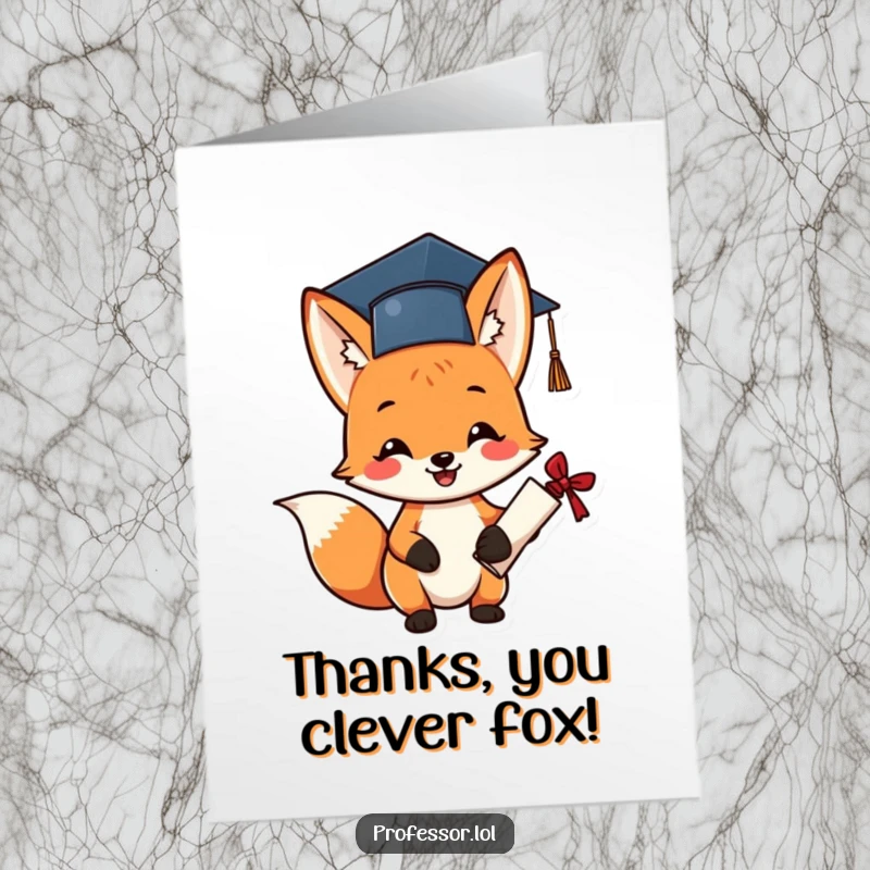 Funny Free Printable Fox Thank You Card: A cheerful fox in a graduation cap holds a diploma gratefully.