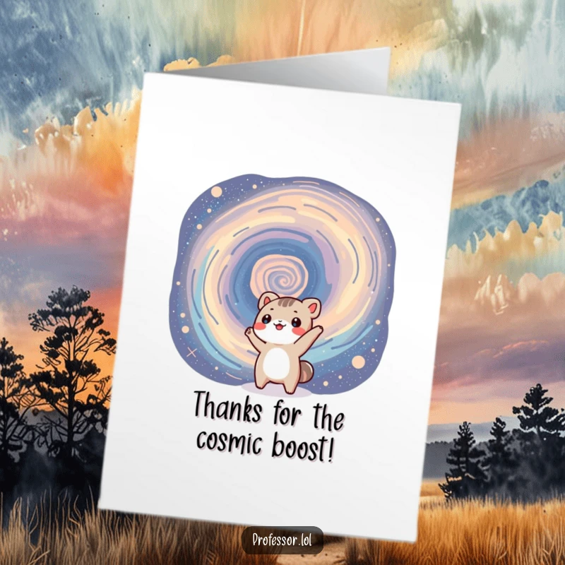 Funny Free Printable Thank You Card: Small animal points to a galaxy, expressing heartfelt thanks with a smile.