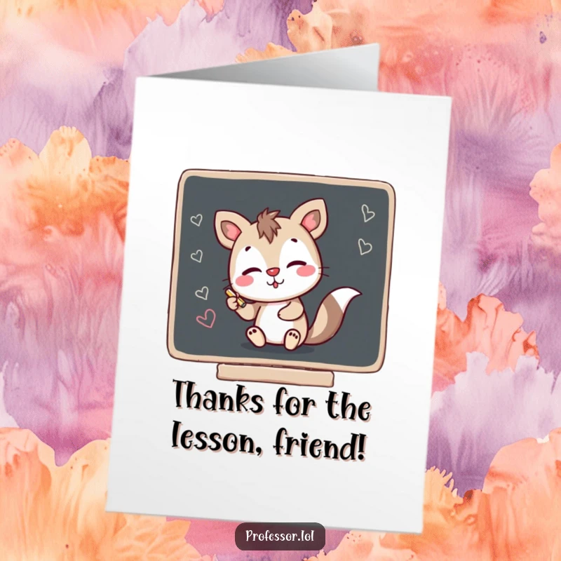 Funny free printable thank you card with a mischievous animal character scribbling a thank you message on a blackboard.