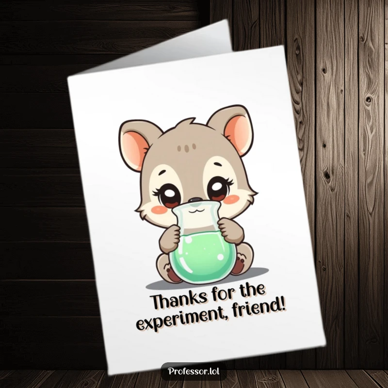 Funny free printable thank you card with a curious animal character examining a bubbling beaker, signifying gratitude.