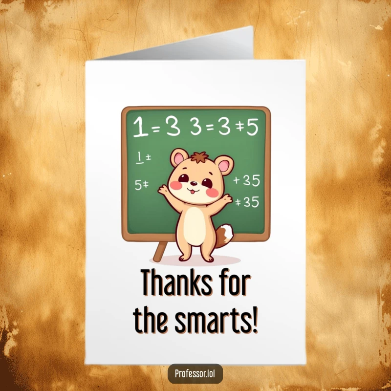 Funny Free Printable Thank You Card: Cute animal character gesturing towards a chalkboard equation, expressing thanks.