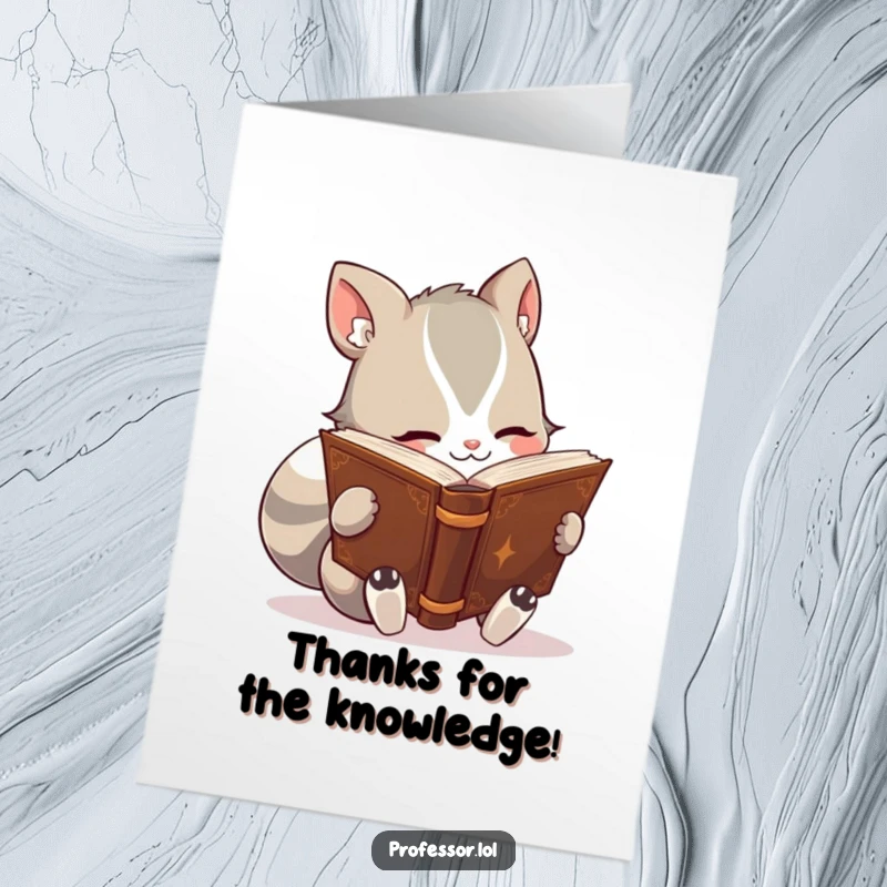 Funny Free Printable Thank You Card: A cute animal character engrossed in a large, ancient book, conveying thanks with intellectual flair.