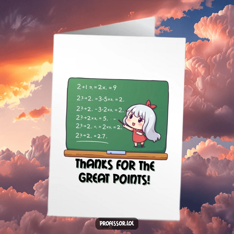 Funny Free Printable Thank You Card: Character proudly pointing at math equations on a chalkboard, expressing gratitude.