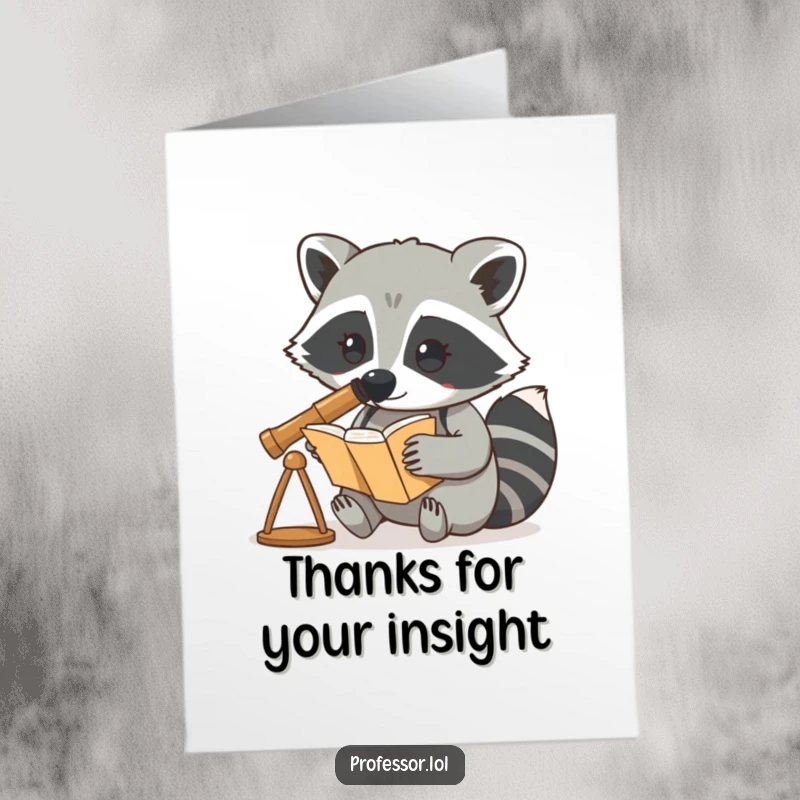 Funny Free Printable Thank You Card: Raccoon character using a telescope looks intently at a book, conveying thanks.