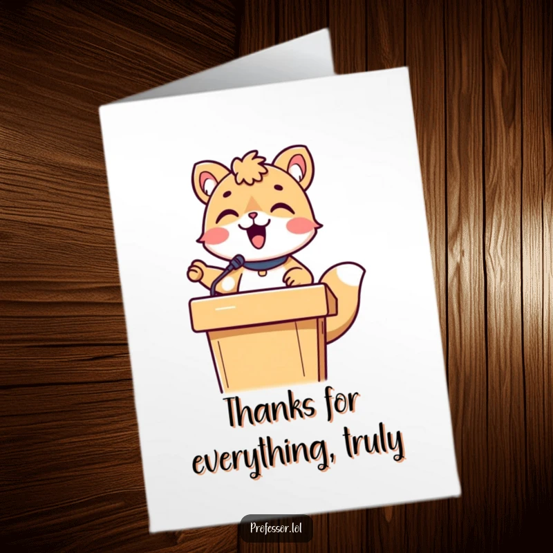 Funny Free Printable Thank You Card: Adorable animal professor lecturing enthusiastically, perfect for expressing gratitude humorously.